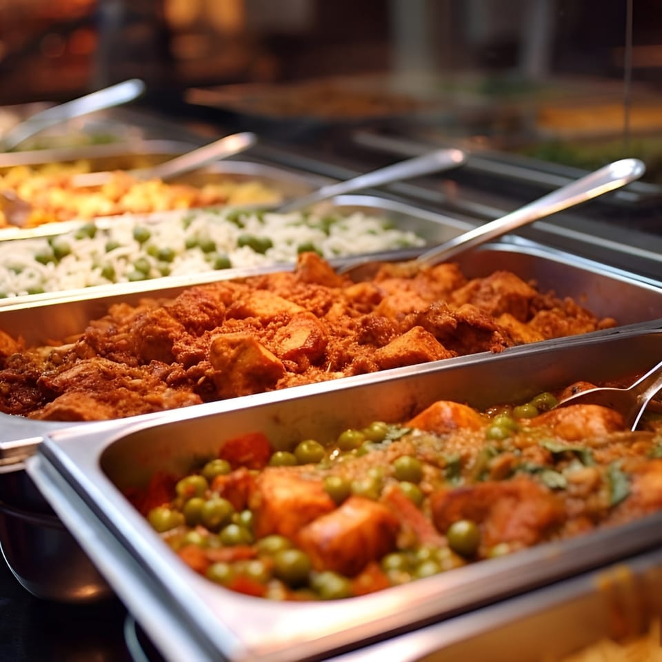 Buffet line with trays of Indian food, including chicken curry, rice with peas, and another curry.
