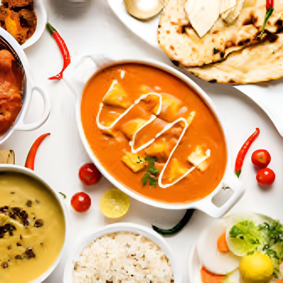 Overhead view of a vibrant Indian meal with paneer curry, naan, rice, dal, and fresh vegetables.