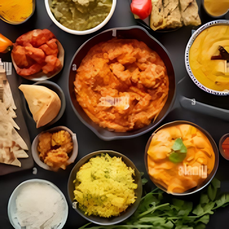 Overhead view of various Indian dishes including curries, samosas, and chutneys on a dark surface.