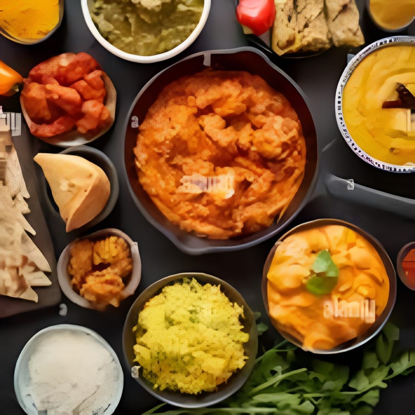 Overhead view of various Indian dishes including curries, samosas, and chutneys on a dark surface.